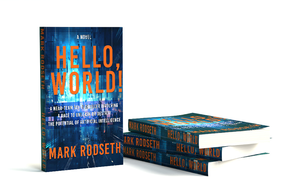 Hello, World! Book Cover - AI Techno Thriller